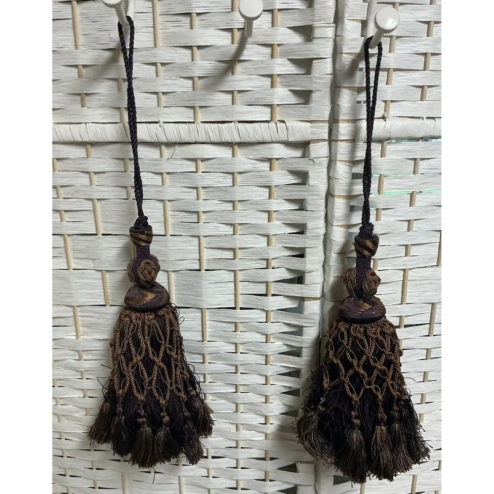 Pair Vintage French Style Drapery Tassel Tiebacks Purple Plum Bronze Netted‎ 2pc